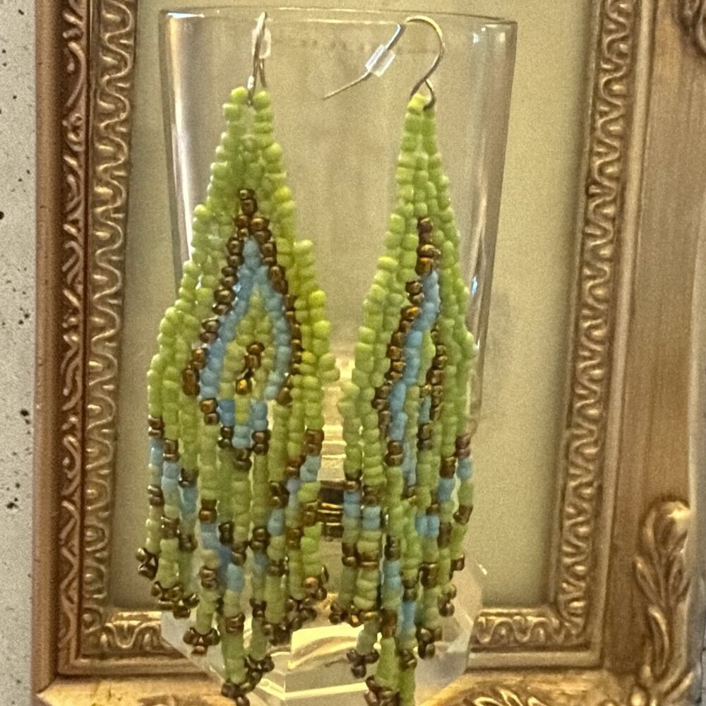 Handmade Beaded Drop Earrings With Green & Blue Tribal Pattern Framed Display - Picture 4 of 8